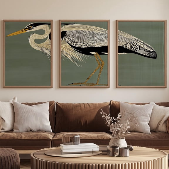 Retro Vintage Heron Art Deco Light Academia Wall Art Print Set 3 Unframed Paper Print 20x30