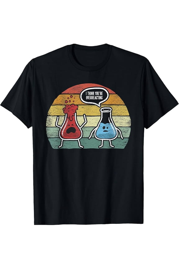 Retro Vintage I Think You're Overreacting Fun Nerd Chemistry T-Shirt - Striped Background with Cartoon Flasks