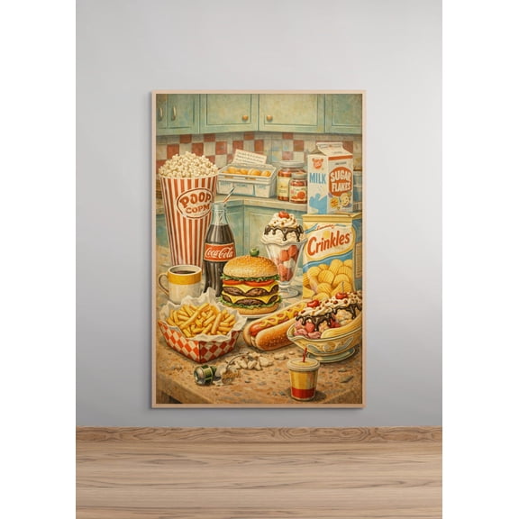 Retro Vintage Kitchen Wall Art, Food Poster, Junk Food Illustration Print, Mid Century Kitchen Decor Unframed Paper Print