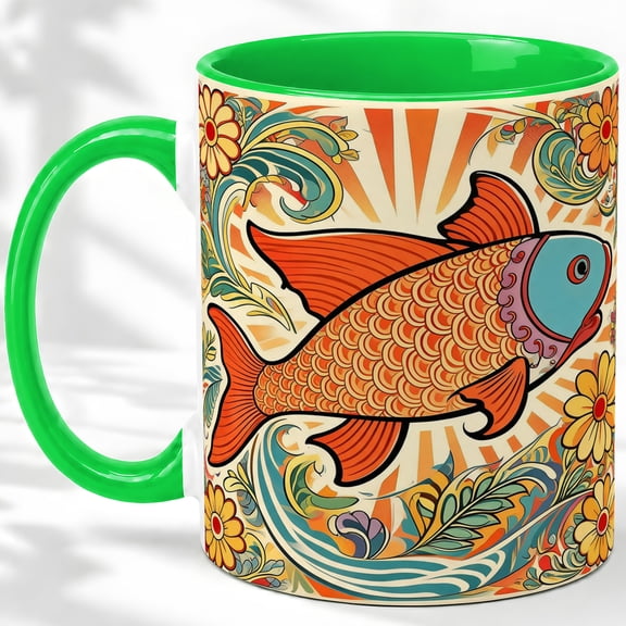 Retro Vintage Koi Fish Coffee Mug, Orange Koi Mug, Morning Tea Cup for Home, Large Scaled Fish with Sunburst Rays and Colorful Floral Waves, Japanese Inspired Pond Art, Aquarist