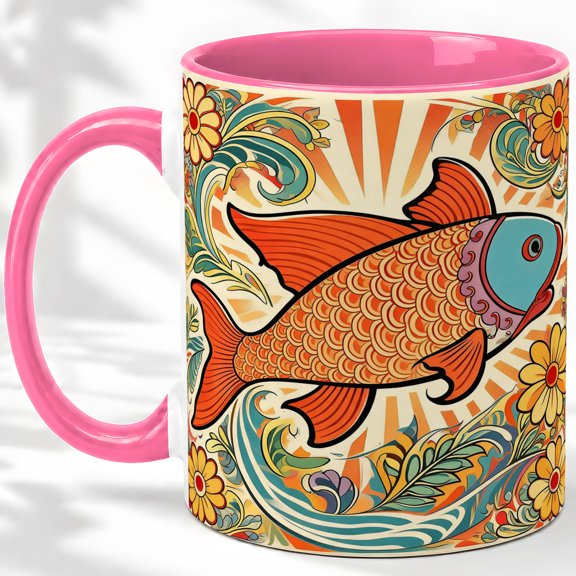 Retro Vintage Koi Fish Coffee Mug, Orange Koi Mug, Morning Tea Cup for Home, Large Scaled Fish with Sunburst Rays and Colorful Floral Waves, Japanese Inspired Pond Art, Aquarist
