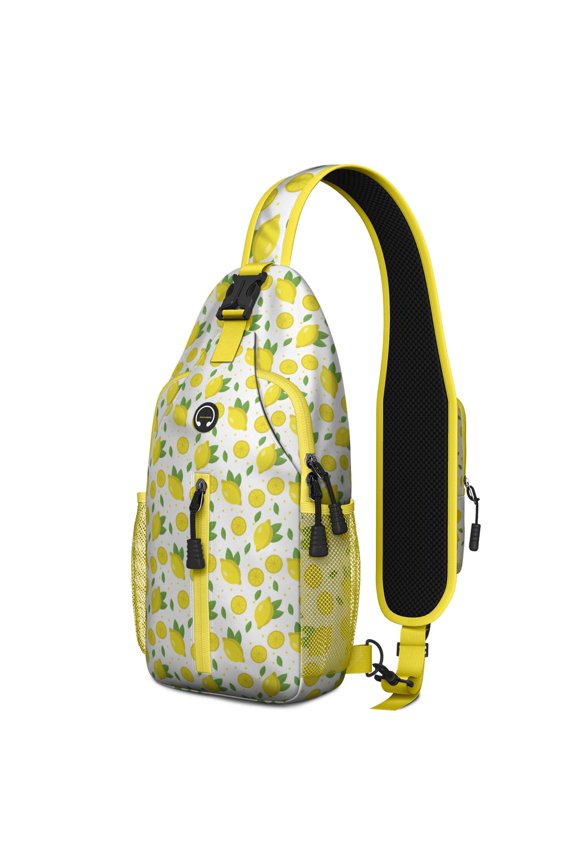 Retro Vintage Lemon Print Sling Backpack, Bright Yellow Fruit Design Crossbody Daypack with Cute Floral Patterns, Lightweight and Adjustable Strap