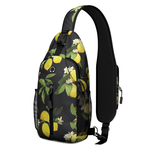 Retro Vintage Lemon Print Sling Backpack, Bright Yellow Fruit Design Crossbody Daypack with Cute Floral Patterns, Lightweight and Adjustable Strap
