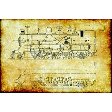 Retro Vintage Locomotive Train Engineering Technical Drawing Schematic Home Decor Print Poster 20x30