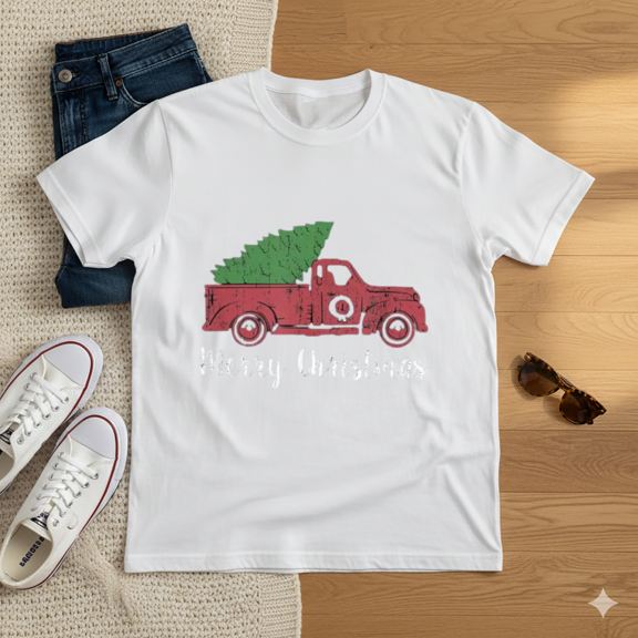 Retro Vintage Merry Christmas Classic Red Pick Up Truck Tree Unisex T-Shirt up to Size 5XL