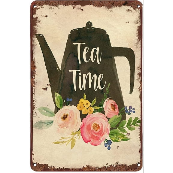 Retro Vintage Metal Tin Sign Tea Time Floral Summer Sign Poster for Home Garden Kitchen Bar Cafe Restaurant Garage Wall Decor 12x8 Inch