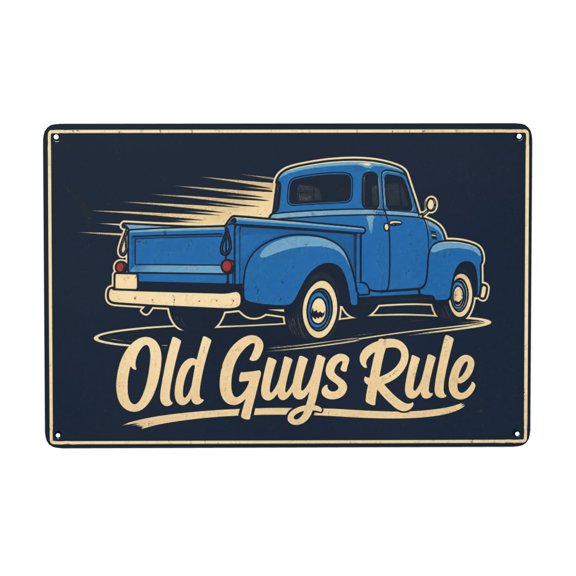 Retro Vintage Metal Wall Decor Sign - Old Guys Rule Blue Pickup Truck Theme - 8X12 Inch Weather Resistant and Easy Hanging Iron Plaque for Indoor/Outdoor Decoration