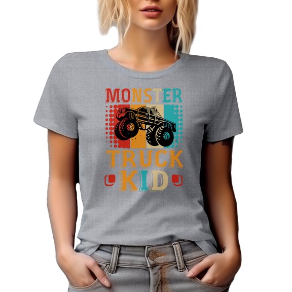 Retro Vintage Monster Truck, Car Lover or Enthusiast Kid Themed, Heather Grey T-Shirt, Medium