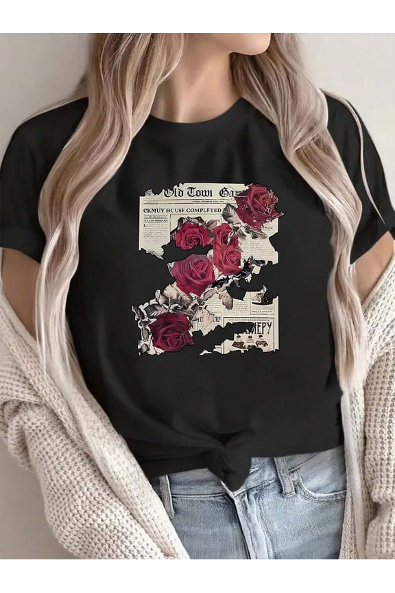 Retro Vintage Newspaper Red Rose Graphic Print Women's Short Sleeve Black Tee Casual Summer Floral Aesthetic Fashion Top