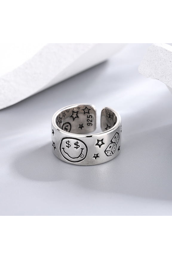 Retro Vintage Open End Couple Ring With Five Pointed Star Card Motifs Money Smiley Design Copper With Gift Box