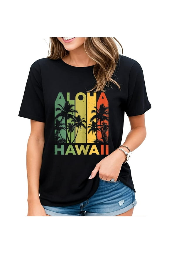 Retro Vintage Palm Tree T-shirt for Women Aloha Hawaii Hawaiian Island Short Sleeve Tops Black 3X-Large