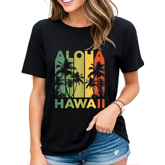 Retro Vintage Palm Tree T-shirt for Women Aloha Hawaii Hawaiian Island Short Sleeve Tops Black 4X-Large