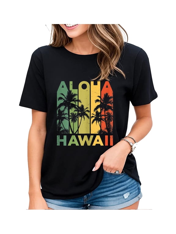 Retro Vintage Palm Tree T-shirt for Women Aloha Hawaii Hawaiian Island Short Sleeve Tops Black X-Large