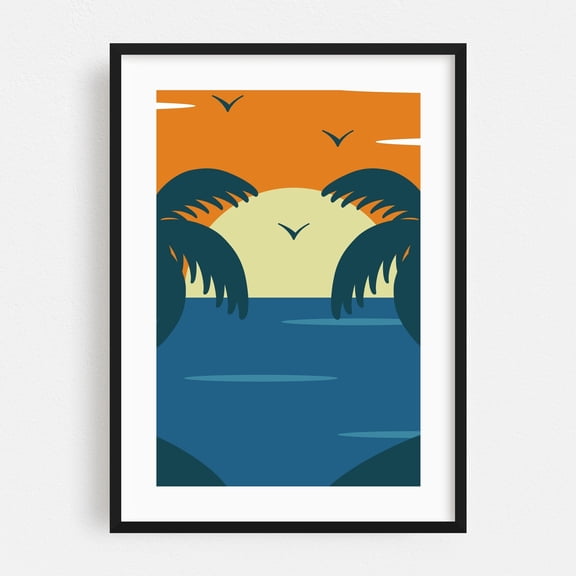 Retro Vintage Palm Trees Beach Sunset - Digital Art Sunset Palm Tree Tropical Minimalist Beach Seascape Summer Black Framed Wall Art Print 5 x 7 inches