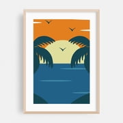 Retro Vintage Palm Trees Beach Sunset - Digital Art Sunset Palm Tree Tropical Minimalist Beach Seascape Summer Oak Framed Wall Art Print 8 x 10 inches