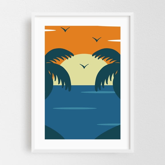Retro Vintage Palm Trees Beach Sunset - Digital Art Sunset Palm Tree Tropical Minimalist Beach Seascape Summer White Framed Wall Art Print 5 x 7 inches