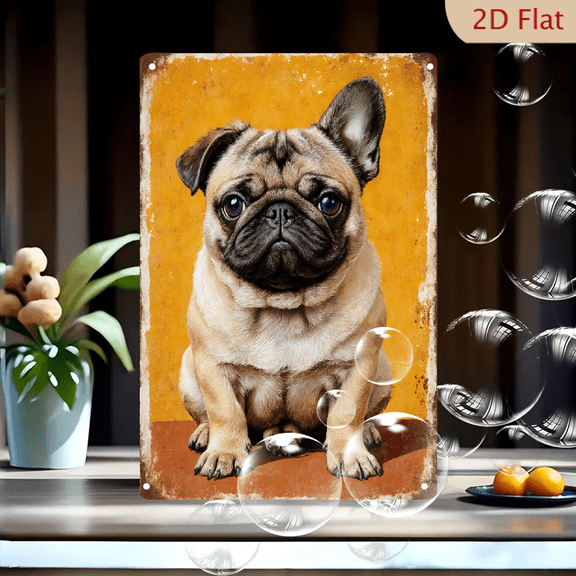 Retro Vintage Pug Puppy Art on Mustard Yellow Background, 8x12 Inches Metal Wall Decor for Home Office, Adorable Fawn Dog with Black Mask Nostalgic Poster Print
