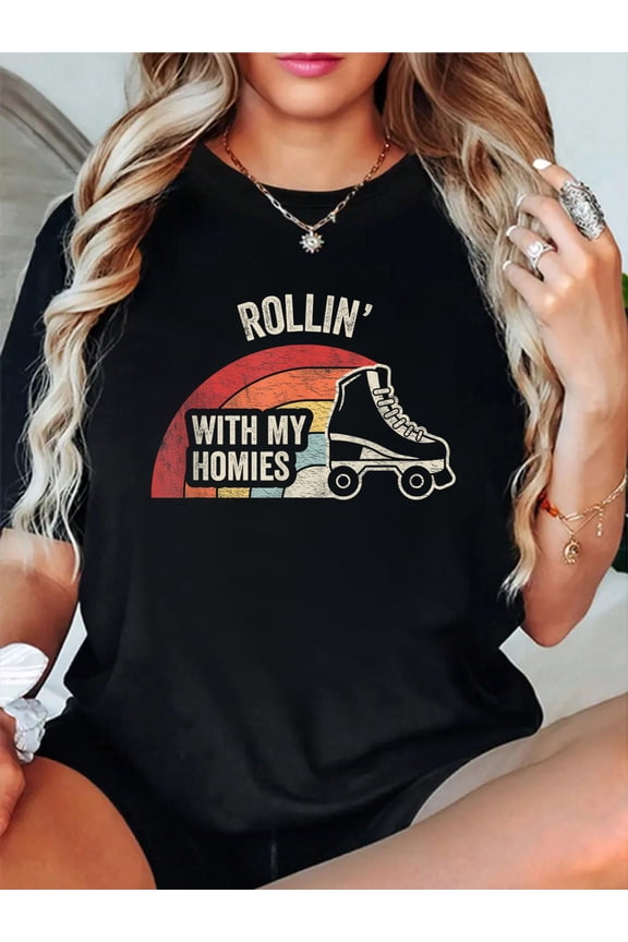 Retro Vintage Rollin with My Homies Roller Skating T-Shirt