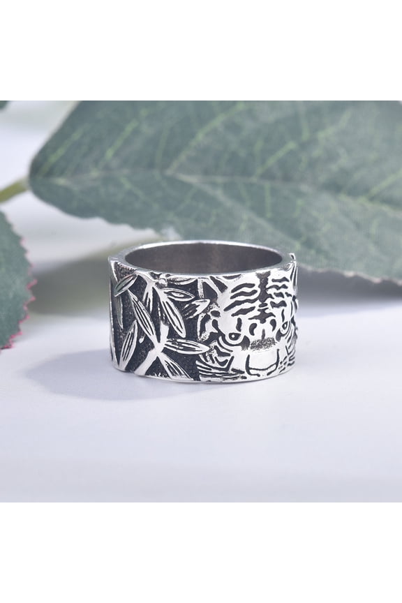 Retro Vintage S925 Sterling Silver Bands Ring for Women Men,Engraved Forest Mountain Flower Leaf Zebra Tiger Cat Rings,Realistic Relief Design,All Lifelike