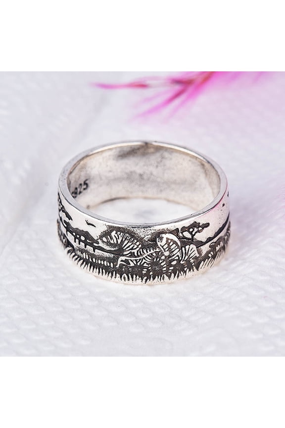 Retro Vintage S925 Sterling Silver Bands Ring for Women Men,Engraved Forest Mountain Flower Leaf Zebra Tiger Cat Rings,Realistic Relief Design,All Lifelike