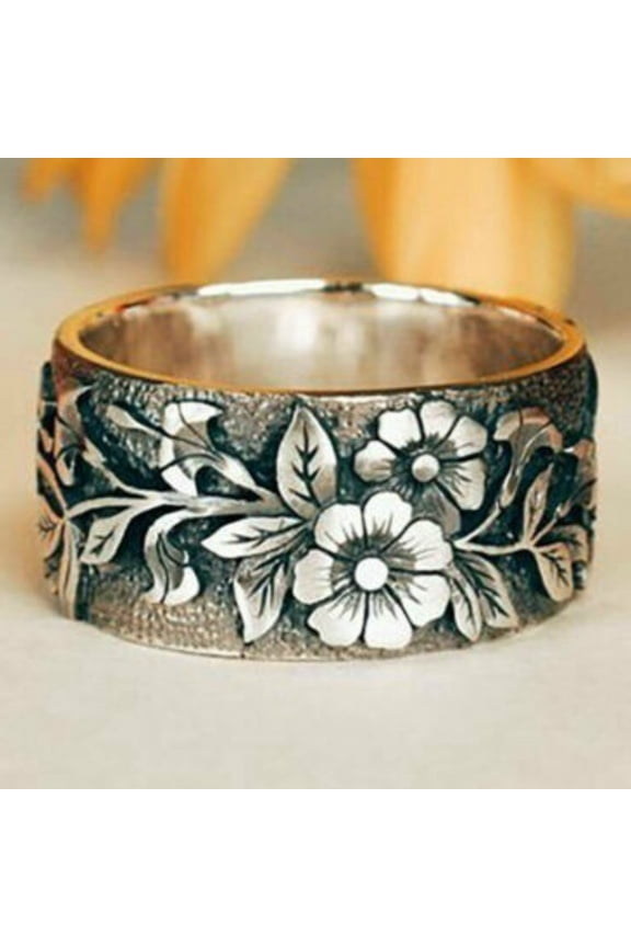 Retro Vintage S925 Sterling Silver Bands Ring for Women Men,Engraved Forest Mountain Flower Leaf Zebra Tiger Cat Rings,Realistic Relief Design,All Lifelike