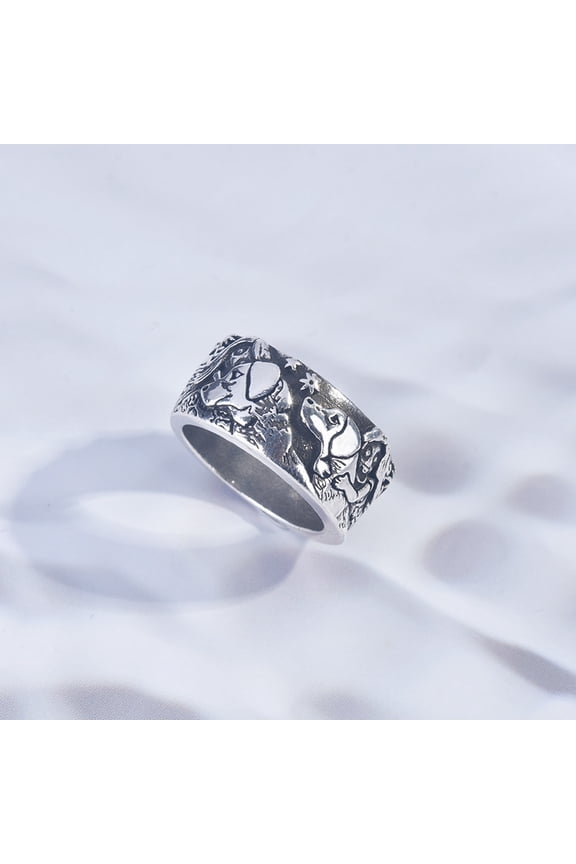 Retro Vintage S925 Sterling Silver Bands Ring for Women Men,Engraved Forest Mountain Flower Leaf Zebra Tiger Cat Rings,Realistic Relief Design,All Lifelike