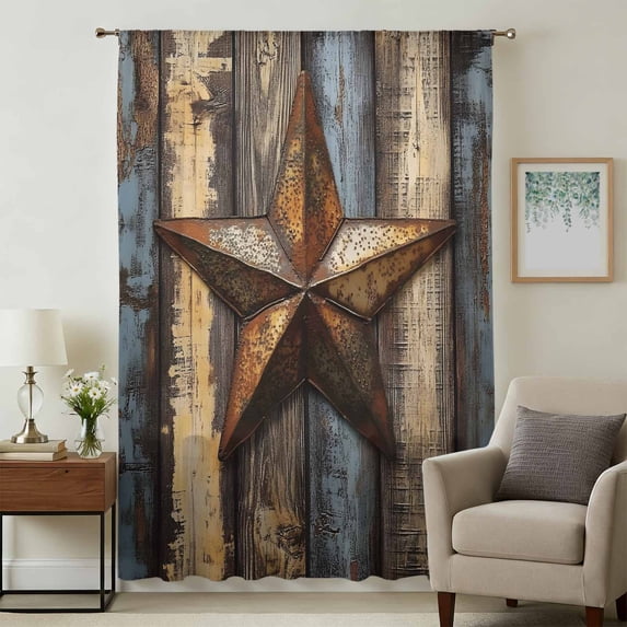 Retro Vintage Sheer Curtains 72 Inches Long, Chic Western Texas Star Pattern Wooden Light Filering Curtains, Breathable Simi Curtain Privacy Drapes for Living Room Bedroom Window Treatment
