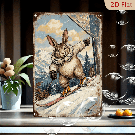 Retro Vintage Ski Rabbit Wall Art Metal Sign, 8x12 Inches, Whimsical Alpine Mountain Scene with Scarf and Skis, Rustic Outdoor Sports Decor for Home or Lodge