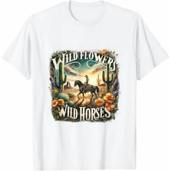Retro Vintage Southern Sunset Cowgirl Riding Horse Wild Flowers Wild Horses T-Shirt Funny Women Girls Graphic Tees