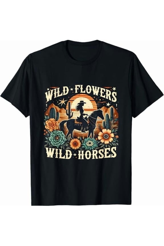 Retro Vintage Southern Sunset Cowgirl Riding Horse Wild Flowers Wild Horses T-Shirt Funny Women Girls Graphic Tees