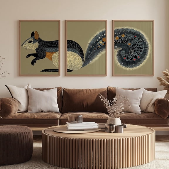 Retro Vintage Squirrel, Wall Art, Print Set 3 Stretched Canvas 16x24