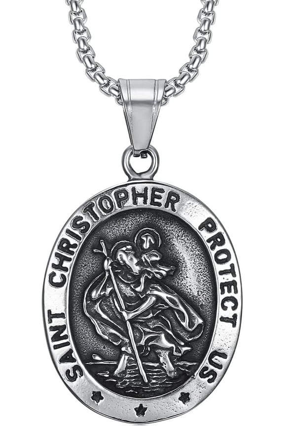 Retro Vintage Stainless Steel Saint Christopher Protect Us Holy Cross Religious Pendant Necklace