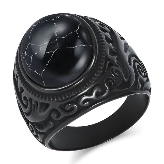 Retro Vintage Stone Rings for Men Women Black Gemstone Rings Stainless Steel Signet Biker Band