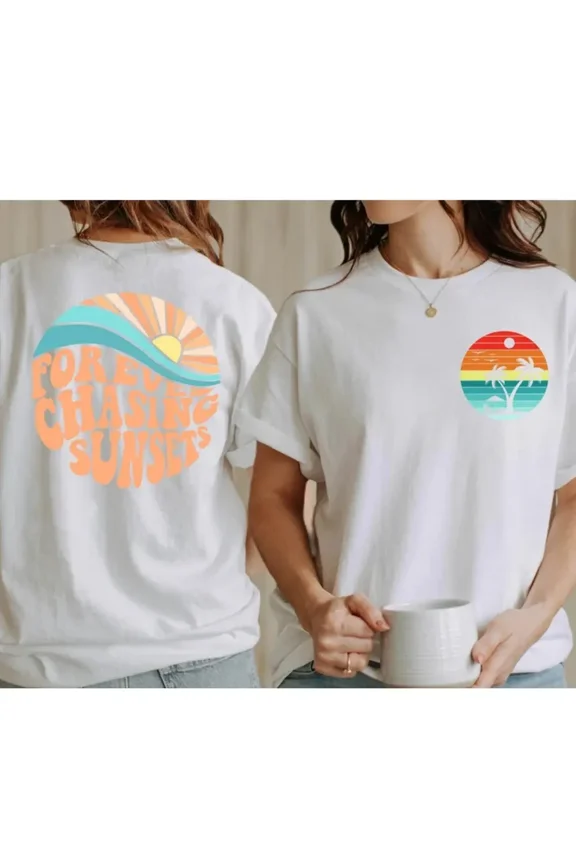 Retro Vintage Summer Tee, "Forever Chasing Sunsets" Short Sleeve T-Shirt, Stylish Beach & Family Vacation Wear, Ideal Holiday Gift