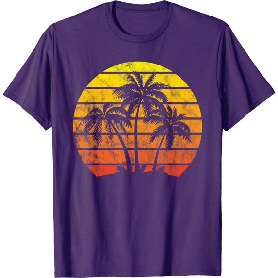 Retro Vintage Sunset Coco Palm Tree Tropical Beach Unisex T-Shirt for Men Women Kids Toddler,Purple Color,Size YL