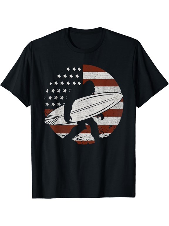 Retro Vintage Surfing Bigfoot American Flag Sasquatch Surfer T-ShirtMen's and women's gift, black and white T-shirt, size: Extra large S-4XL
