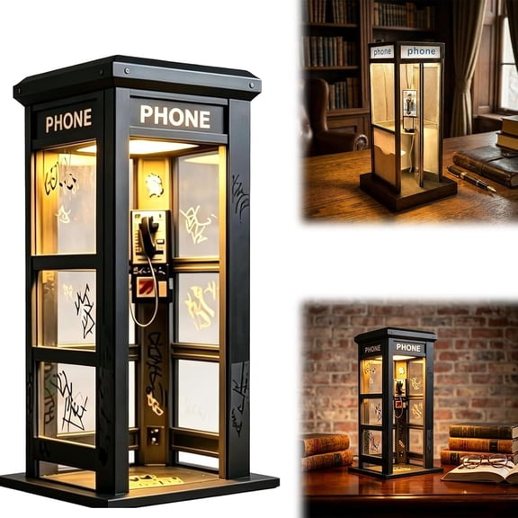 Retro Vintage Tall Phonebooth Lamp, Vintage Phone Booth Ambient Lamp with Warm LED Light, for Bedroom Home Office Study Bar Decor (a)