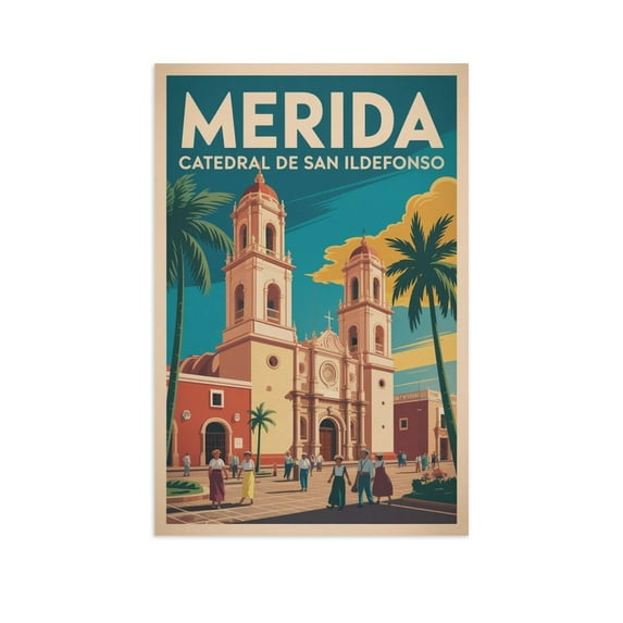 Retro Vintage Travel Poster Wall Art Catedral De San Ildefonso Merida Mexico Colonial Cathedral Print Canvas Poster