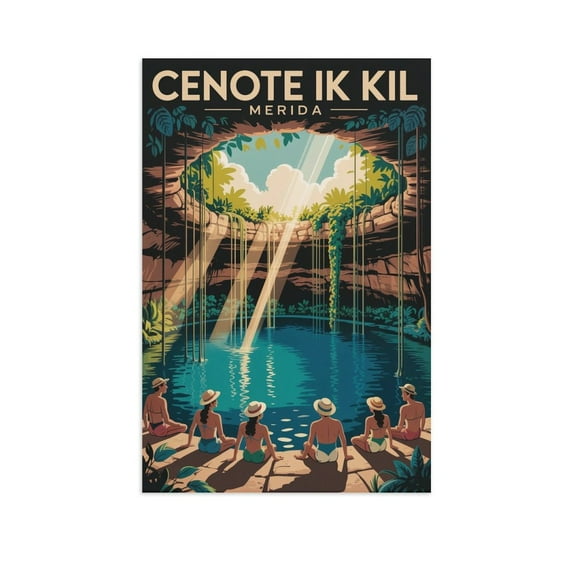 Retro Vintage Travel Poster Wall Art Cenote Ik Kil Merida Mexico Sinkhole Swimming Tropical Jungle Print Print Poster