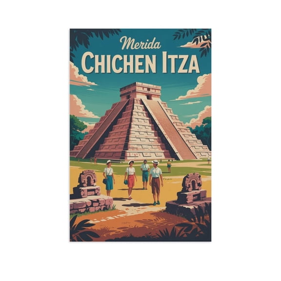Retro Vintage Travel Poster Wall Art Chichen Itza Pyramid Merida Mexico Archaeological Site Ancient Mayan Print Print Poster