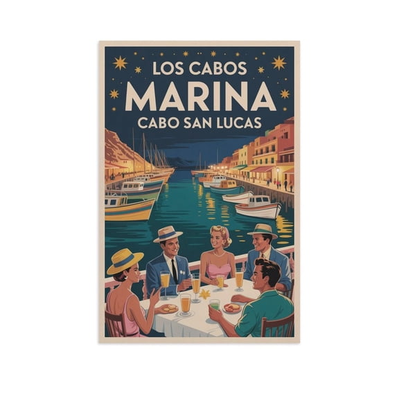 Retro Vintage Travel Poster Wall Art Marina Cabo San Lucas Los Cabos Mexico Scenic Night Harbor Coastal Artwork Print Poster