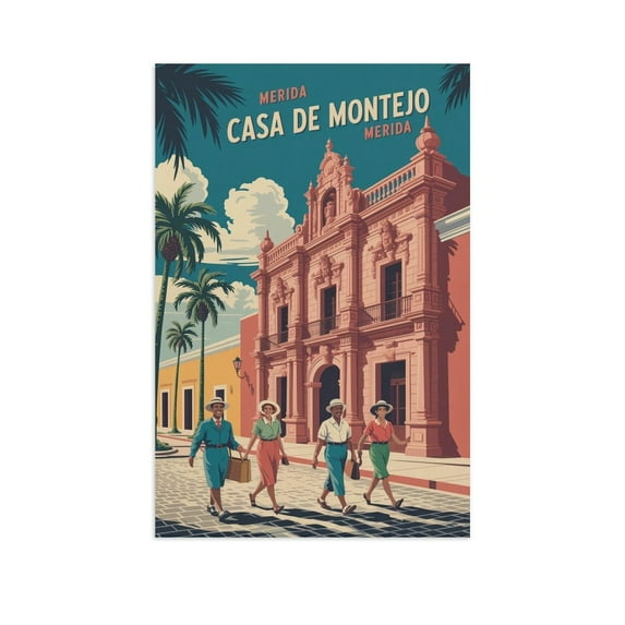Retro Vintage Travel Poster Wall Art Museo Casa De Montejo Merida Mexico Colonial Architecture Print Canvas Poster