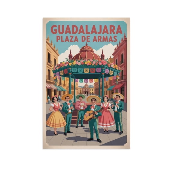 Retro Vintage Travel Poster Wall Art Plaza De Armas Guadalajara Mexico Mariachi Festival Colonial Square Print Poster