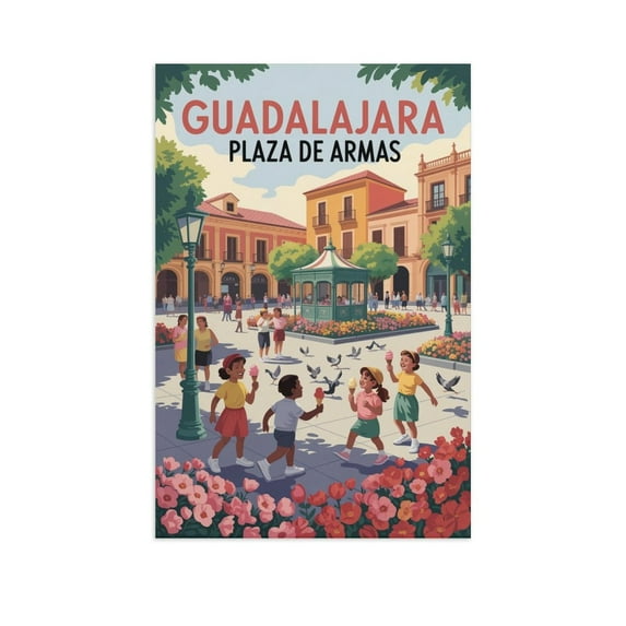 Retro Vintage Travel Poster Wall Art Plaza De Armas Guadalajara Mexico Spring Garden Colonial Architecture Print Canvas Poster