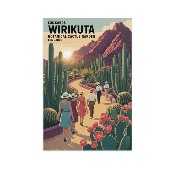 Retro Vintage Travel Poster Wall Art Wirikuta Botanical Cactus Garden Los Cabos Mexico Mountain Desert Scenic Print Canvas Poster