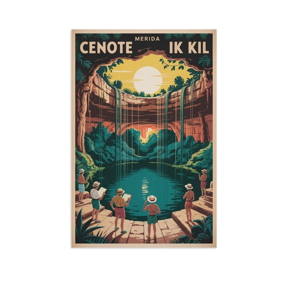 Retro Vintage Travel Poster Wall Decor Cenote Ik Kil Merida Mexico Diving Swimming Natural Wonder Print Canvas Poster