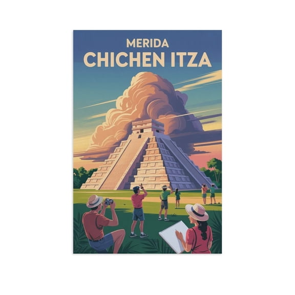 Retro Vintage Travel Poster Wall Decor Chichen Itza Pyramid Merida Mexico Morning Light Ancient Maya Art Print Print Poster