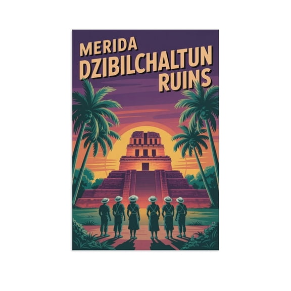 Retro Vintage Travel Poster Wall Decor Dzibilchaltun Ruins Merida Mexico Sunset Temple Yucatan Heritage Print Canvas Poster