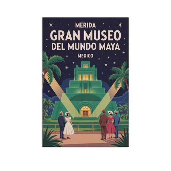Retro Vintage Travel Poster Wall Decor Gran Museo Del Mundo Maya Merida Mexico Night Architecture Print Print Poster
