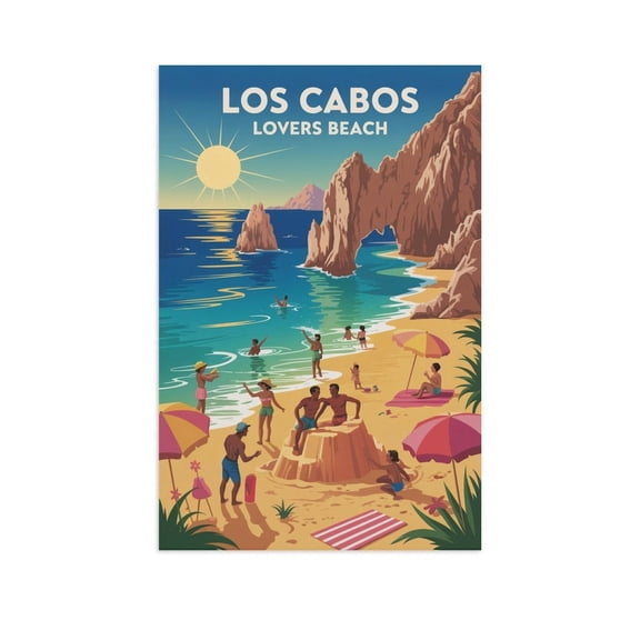 Retro Vintage Travel Poster Wall Decor Lovers Beach Los Cabos Mexico Family Beach Scene Midday Ocean Scenic Print Canvas Poster